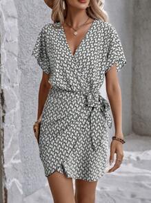 SHEIN LUNE 滿版印花蝙蝠袖圍裹側打結連衣裙 - 彩色 - 查看 4