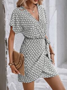 SHEIN LUNE 滿版印花蝙蝠袖圍裹側打結連衣裙 - 彩色 - 查看 6