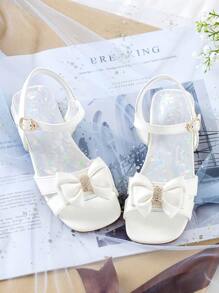 Girls Rhinestone & Bow Decor Chunky Heeled Ankle Strap Sandals For Summer - White - View 1