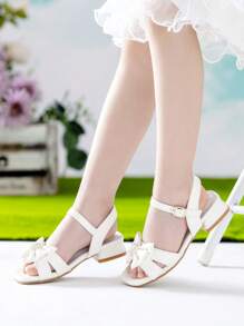 Girls Rhinestone & Bow Decor Chunky Heeled Ankle Strap Sandals For Summer - White - View 2