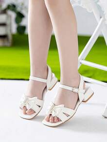 Girls Rhinestone & Bow Decor Chunky Heeled Ankle Strap Sandals For Summer - White - View 4