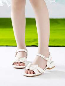 Girls Rhinestone & Bow Decor Chunky Heeled Ankle Strap Sandals For Summer - White - View 5