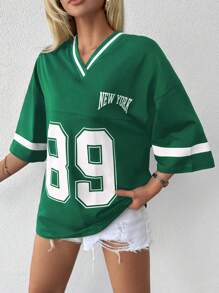 Cottnline Number Print Drop Shoulder Oversized Tee - Green - View 3