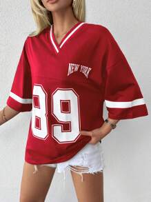 Cottnline Number Print Drop Shoulder Tee - Red - View 3