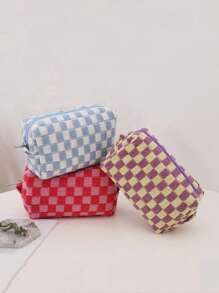 化妆包，1 件 2 种颜色格子化妆包旅行化妆品收纳包粉色棋盘化妆包收纳化妆品收纳化妆盒
