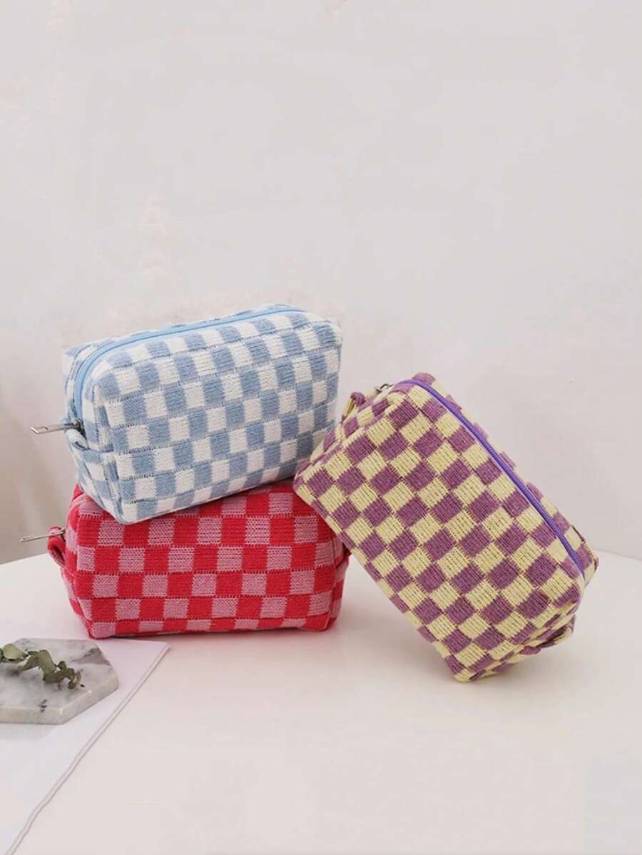 化妆包，1 件 2 种颜色格子化妆包旅行化妆品收纳包粉色棋盘化妆包收纳化妆品收纳化妆盒