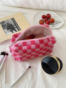 化妆包，1 件 2 种颜色格子化妆包旅行化妆品收纳包粉色棋盘化妆包收纳化妆品收纳化妆盒