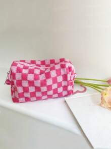 化妆包，1 件 2 种颜色格子化妆包旅行化妆品收纳包粉色棋盘化妆包收纳化妆品收纳化妆盒