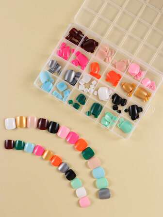 288入組在12顏色水潤光澤假素色腳趾指甲片時尚方形短全覆蓋假趾甲片