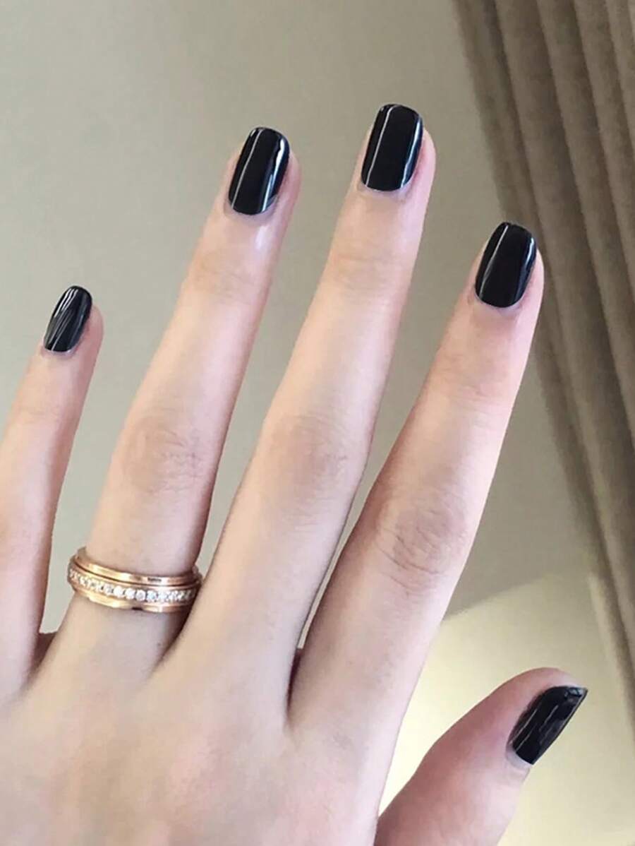 Instantly Upgrade Your Look With 24pcs Nude Black Press On Nails, Chic Glossy Medium Square Solid Full Cover Fake Nail Kit Nail Supplies - Black - View 1