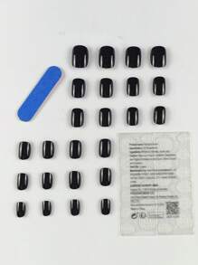 Instantly Upgrade Your Look With 24pcs Nude Black Press On Nails, Chic Glossy Medium Square Solid Full Cover Fake Nail Kit Nail Supplies - Black - View 2