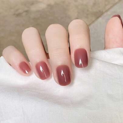 24入組草莓玫瑰短圓頭實心全套假指甲套裝，即時升級你的外觀，壓克力指甲供應品