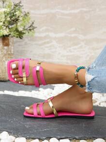 夏季新款時尚方頭女士裸粉色平底涼鞋