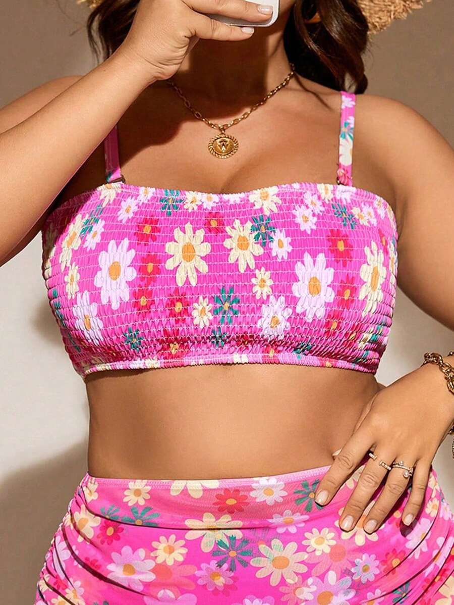 SHEIN Swim Curve Top bikini con estampado floral Smocked