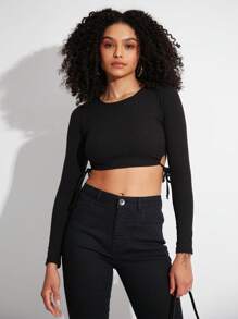 SHE(IN) BRASIL Solid Knot Side Crop Tee - màu đen - Xem 1