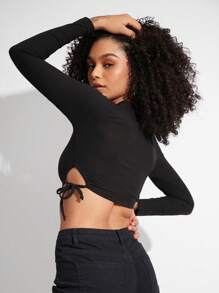SHE(IN) BRASIL Solid Knot Side Crop Tee - màu đen - Xem 2