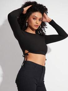 SHE(IN) BRASIL Solid Knot Side Crop Tee - màu đen - Xem 5