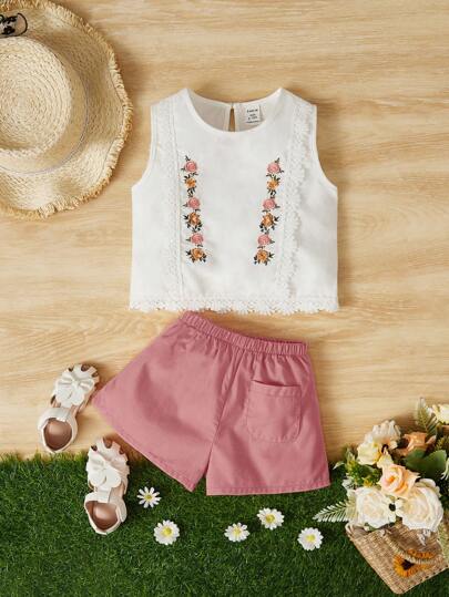 SHEIN 嬰兒花卉刺繡蕾絲拼接背心上衣和短褲