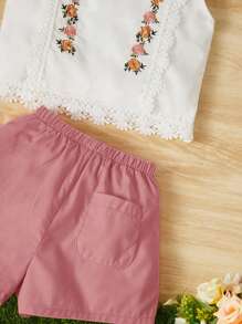 SHEIN 嬰兒花卉刺繡蕾絲拼接背心上衣和短褲 - 藕粉色 - 查看 3