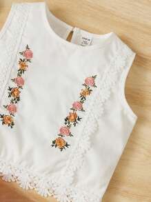 SHEIN 嬰兒花卉刺繡蕾絲拼接背心上衣和短褲 - 藕粉色 - 查看 4
