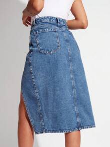 SHE(IN) BRASIL Tách đùi Váy Denim - Rửa trung bình - Xem 2