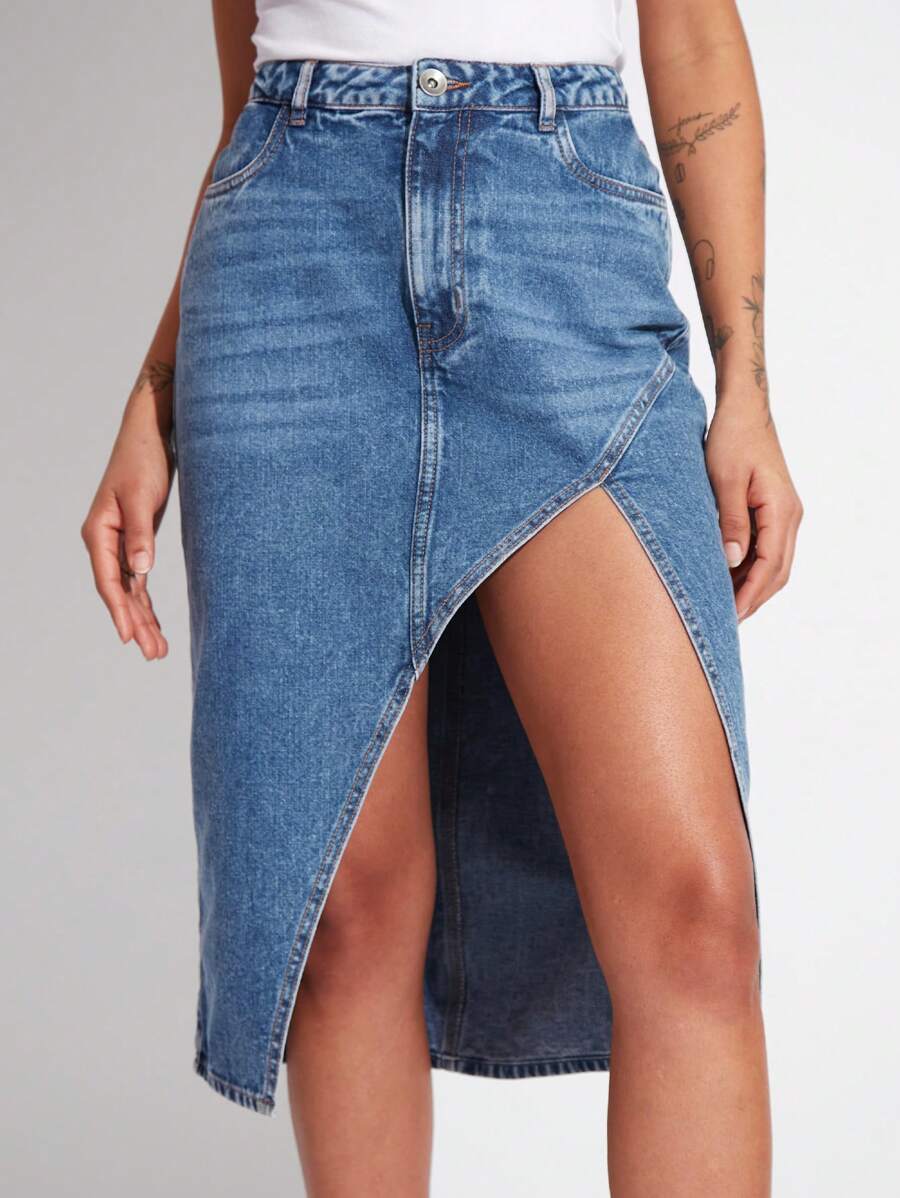 SHE(IN) BRASIL Tách đùi Váy Denim - Rửa trung bình - Xem 1