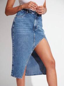 SHE(IN) BRASIL Tách đùi Váy Denim - Rửa trung bình - Xem 3