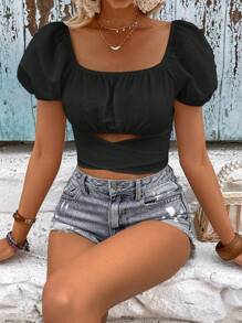 SHEIN VCAY 泡泡袖前打結短款襯衫 - 黑色 - 查看 6