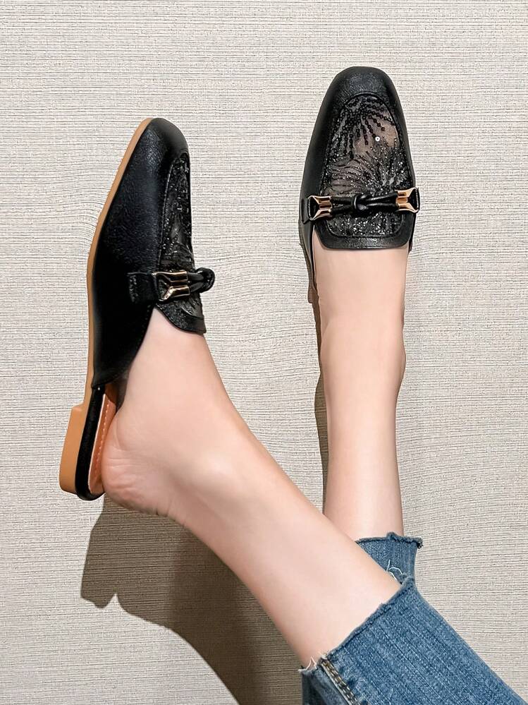 Mengshangli 女士时尚穆勒一脚蹬平底鞋，露背乐福穆勒鞋 - 黑色 - 查看 4