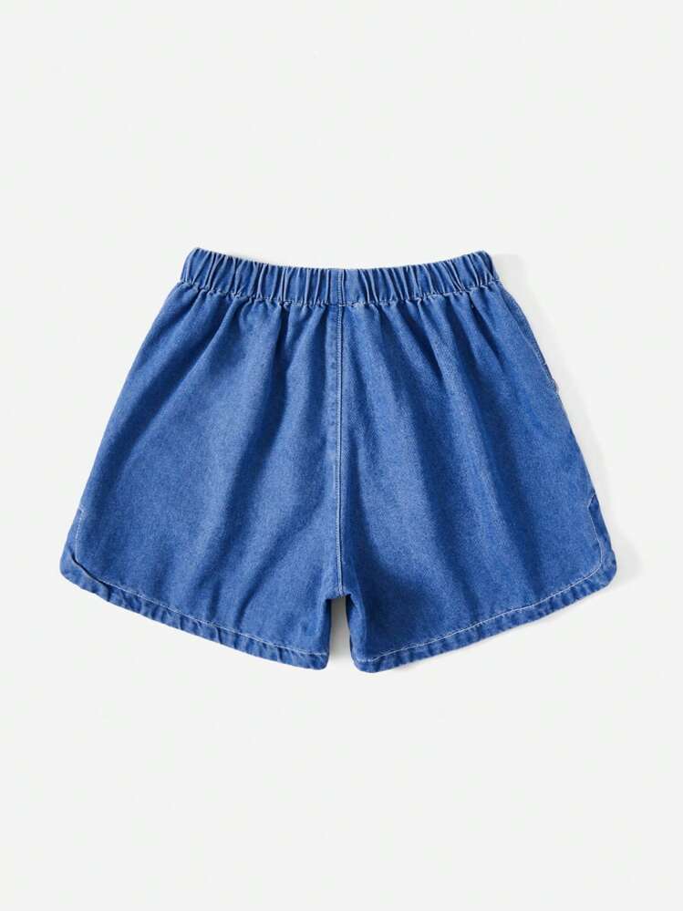 SHEIN LUNE Drawstring Waist Denim Shorts - Medium Wash - View 2