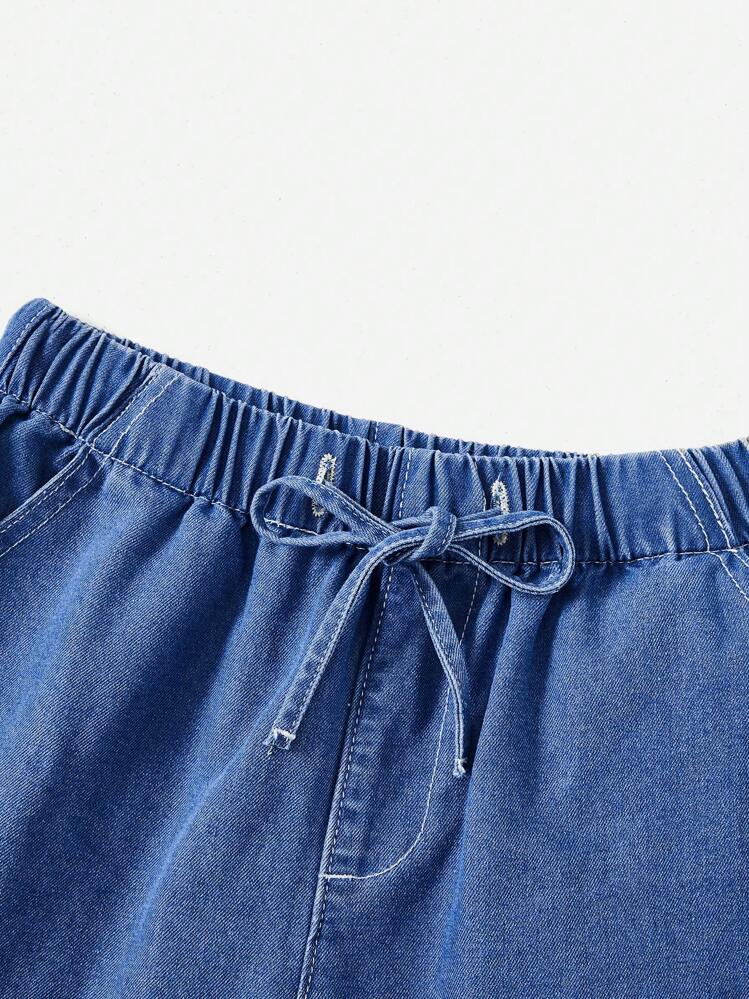 SHEIN LUNE Drawstring Waist Denim Shorts - Medium Wash - View 4