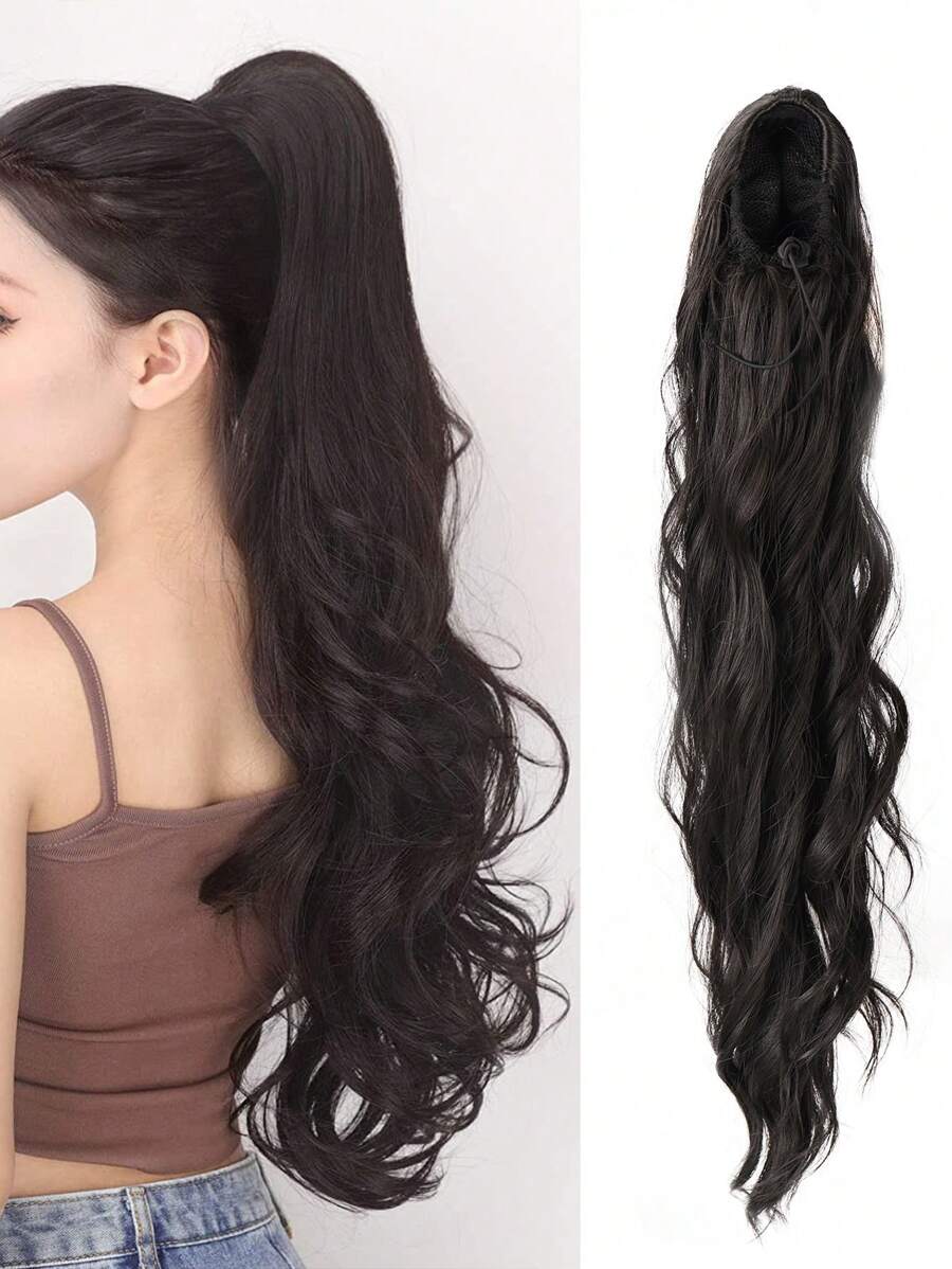 條帶辮馬尾插片延長24英寸黑色水波自然波浪夾式髮延伸柔軟自然外觀防熱纖維合成髮片，適用於女性 - Black-brown - 查看 1