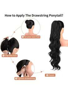 條帶辮馬尾插片延長24英寸黑色水波自然波浪夾式髮延伸柔軟自然外觀防熱纖維合成髮片，適用於女性 - Black-brown - 查看 8