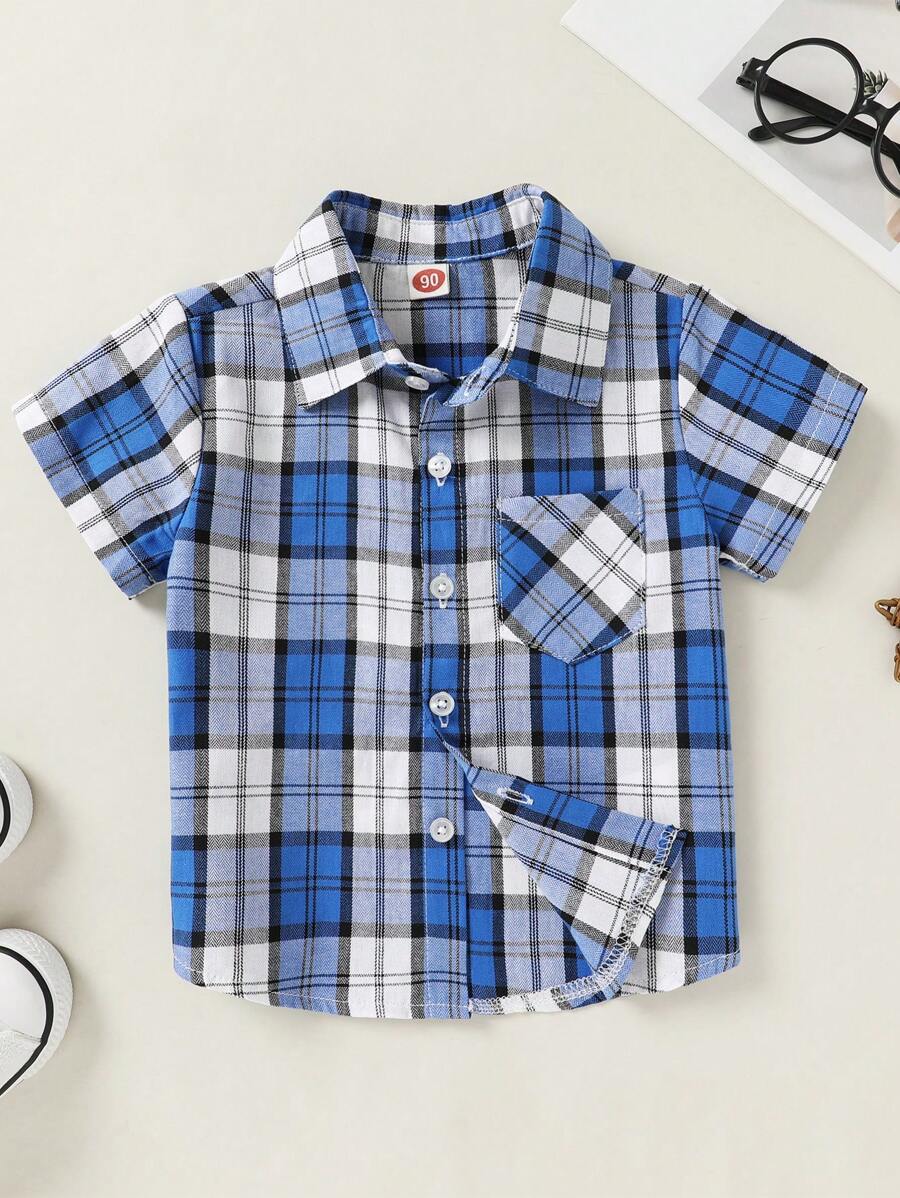 男嬰們夏季休閒柔軟和舒服格紋前紐扣襯衫帶補丁口袋 - 彩色 - 查看 1