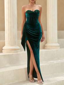 ADYCE Váy ống bó sát dự tiệc cocktail xẻ đùi đính sequin trang trí, váy dạ hội trang trọng thanh lịch cho khách dự tiệc cưới, dự tiệc tốt nghiệp, tiệc tối - Màu xanh lá cây đậm - Xem 6