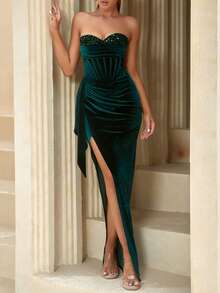 ADYCE Váy ống bó sát dự tiệc cocktail xẻ đùi đính sequin trang trí, váy dạ hội trang trọng thanh lịch cho khách dự tiệc cưới, dự tiệc tốt nghiệp, tiệc tối - Màu xanh lá cây đậm - Xem 7