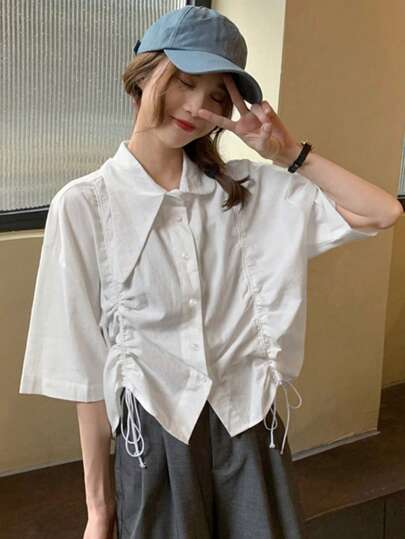 素色不對稱翻領前抽繩襯衫