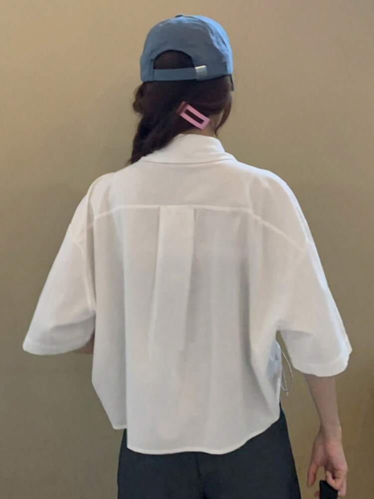 素色不對稱翻領前抽繩襯衫 - 白色 - 查看 2