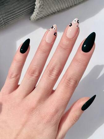 用24入組長杏仁黑素色花朵圖案假指甲和1入組指甲銼和1張指甲膠帶升級您造型