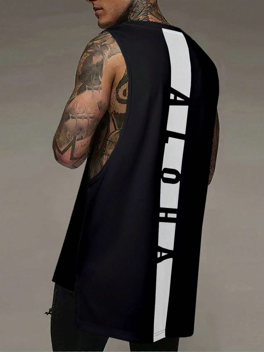 Manfinity LEGND 男式字母图案撞色拼接高低下摆篮球运动衫背心 - 黑色 - 查看 1