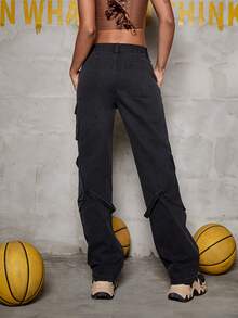 拉鏈細節素色翻蓋口袋工裝牛仔褲 - 黑色 - 查看 2