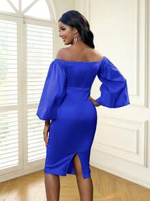 Đầm Lộ Lưng Dây kéo Chia màu trơn Thanh lịch - Xanh đậm - Xem 2