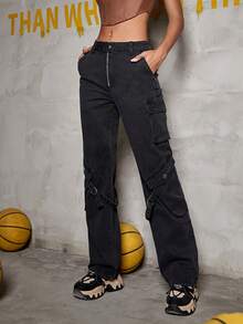 拉鏈細節素色翻蓋口袋工裝牛仔褲 - 黑色 - 查看 3