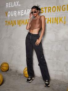 拉鏈細節素色翻蓋口袋工裝牛仔褲 - 黑色 - 查看 4