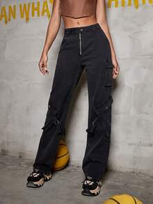 拉鏈細節素色翻蓋口袋工裝牛仔褲 - 黑色 - 查看 5