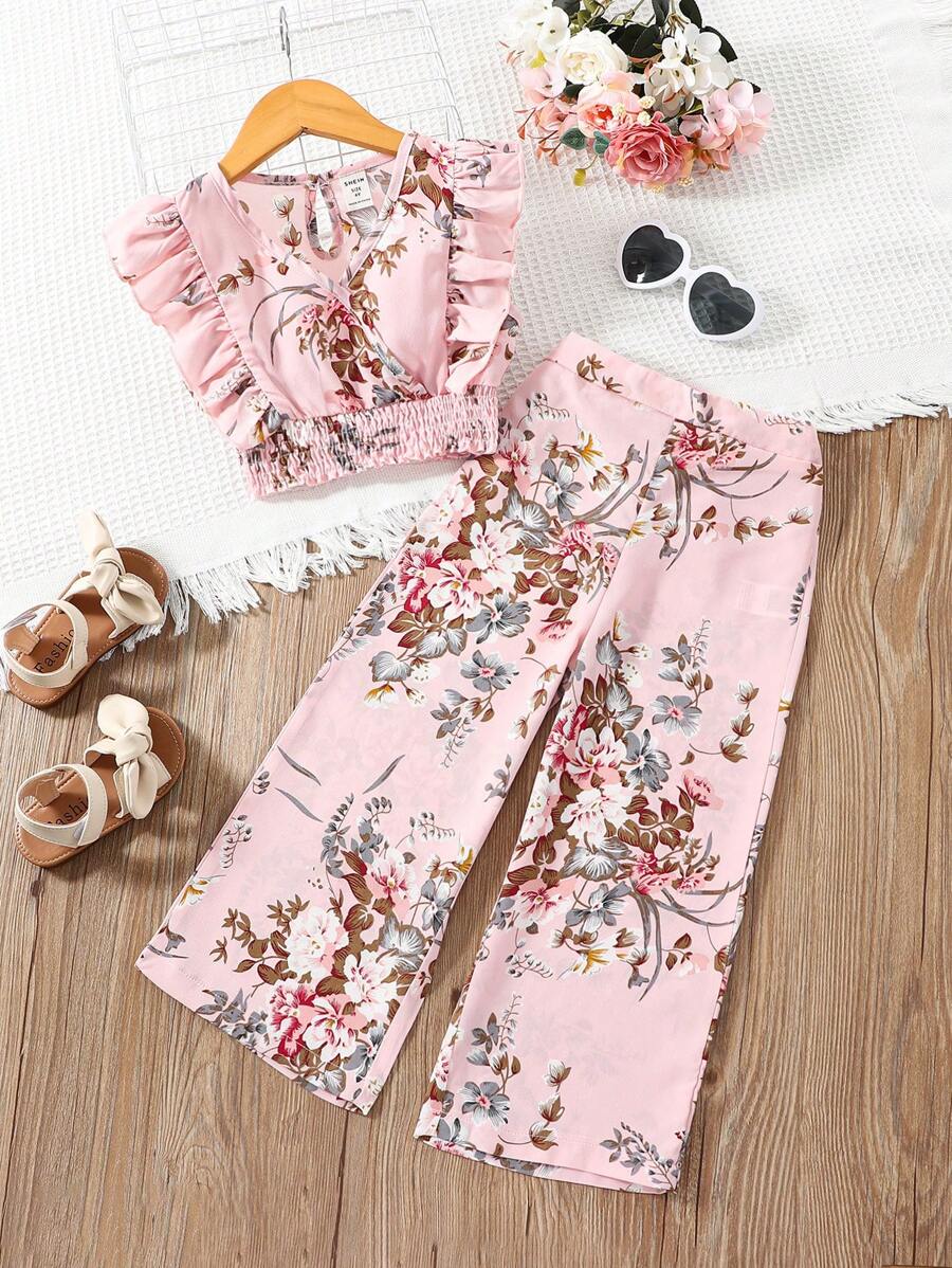 Toddler Girls Floral Print Ruffle Trim Top & Wide Leg Trousers - Pink - View 1