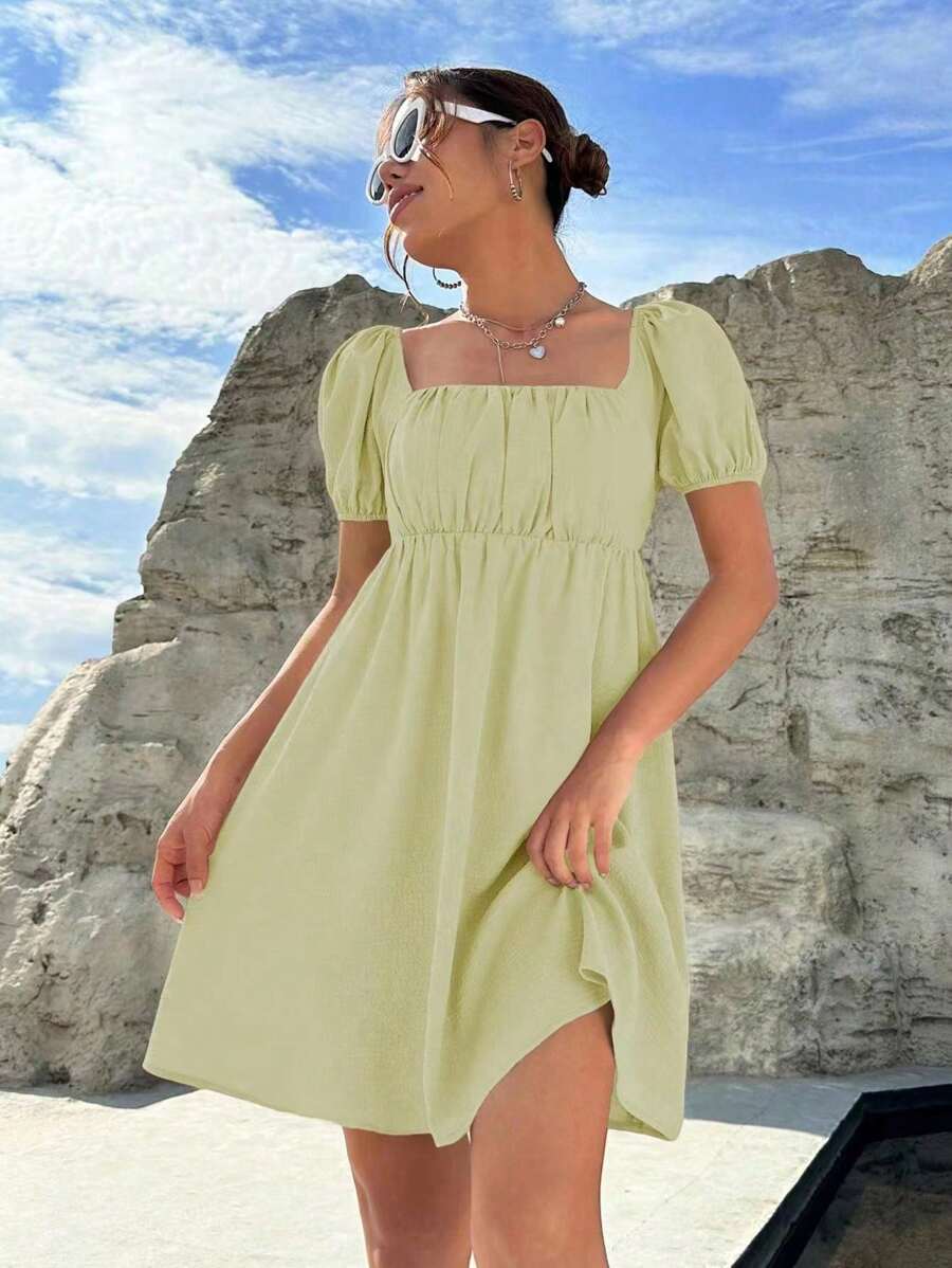 Muchica Square Neck Puff Sleeve Ruched Bust Dress - Yellow - View 1