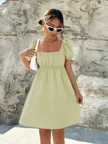Muchica Square Neck Puff Sleeve Ruched Bust Dress - Yellow - View 3