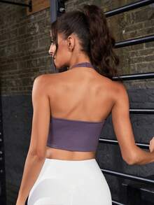 Solid Halter Neck Backless Crop Sports Bra - Purple - View 2
