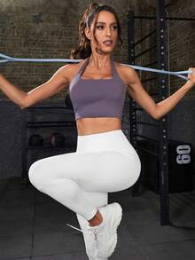 Solid Halter Neck Backless Crop Sports Bra - Purple - View 5